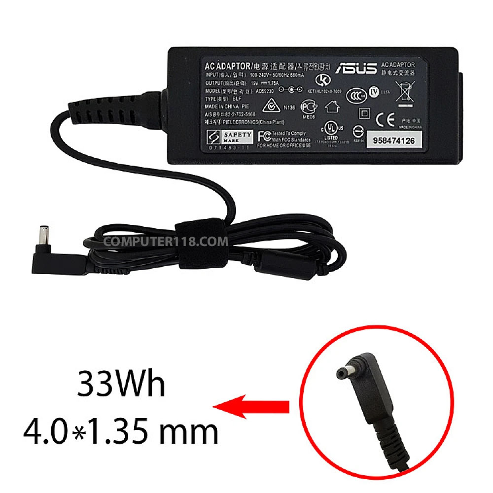 آداپتور لپ تاپ ایسوس 19V 1.75A زنبوکی سرفیش بزرگ 41.35mm 1