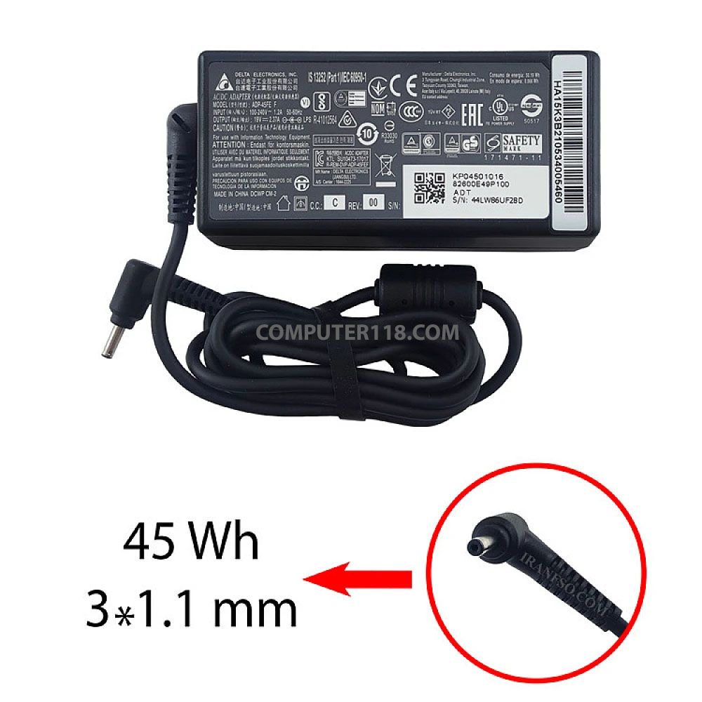 آداپتور لپ تاپ ایسوس 19V 2.37A مستطیلی زنبوکی سرریز-کابل سه تایی 3x1.1mm 1