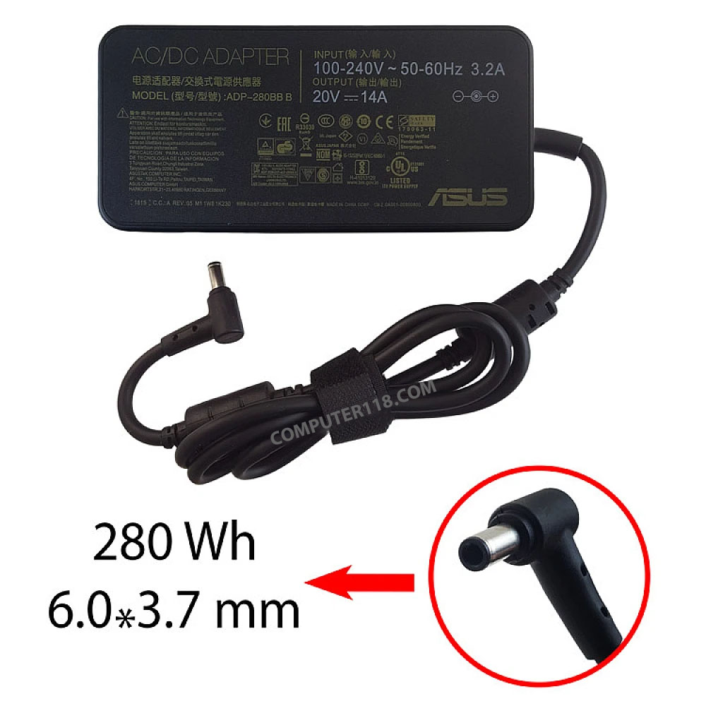 آداپتور لپ تاپ ایسوس 20V 14A سوزندار 3.7mmx6mm کابل PC 1