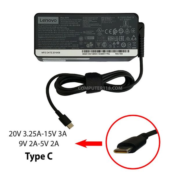 آداپتور لپ تاپ لنوو 20V 3.25A_15V 3A_9V 2A_5V 2A Type C مستطیلی