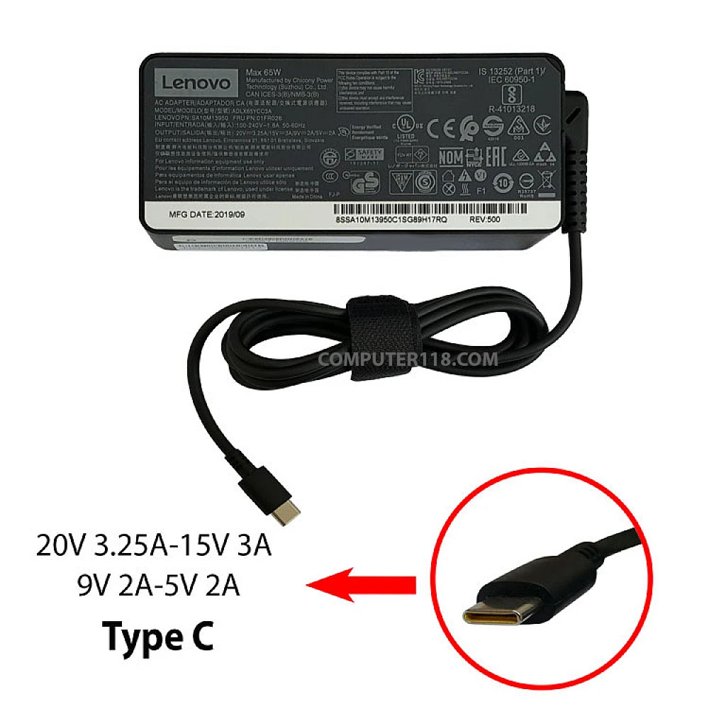 آداپتور لپ تاپ لنوو 20V 3.25A_15V 3A_9V 2A_5V 2A Type C مستطیلی